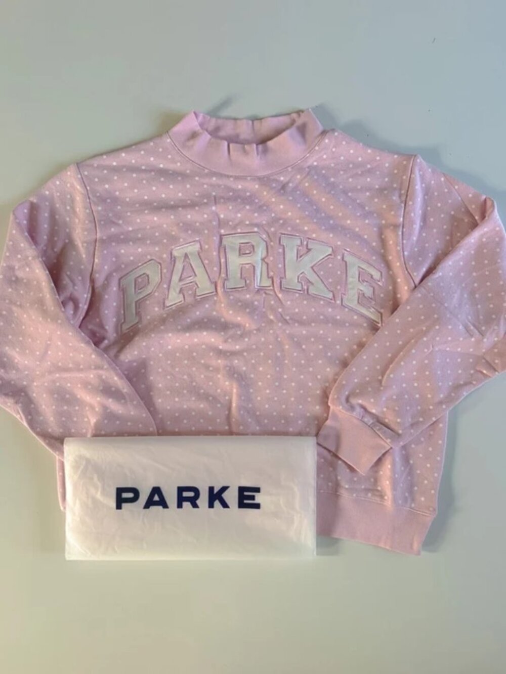 PARKE Pink Polka Dot Mock Neck Sweatshirt S/M Oversized Cropped